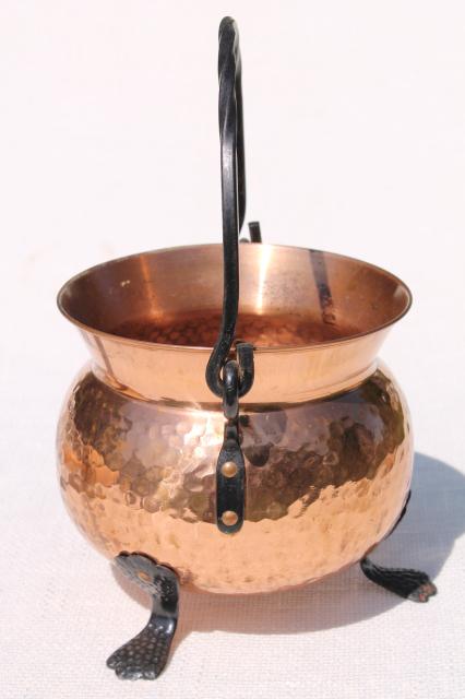 photo of vintage Swiss copper pot kettle w/ wrought iron handle & feet, witch cauldron shape #4