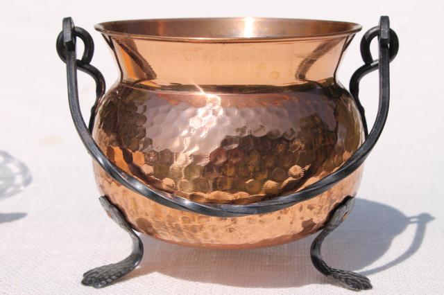 photo of vintage Swiss copper pot kettle w/ wrought iron handle & feet, witch cauldron shape #5