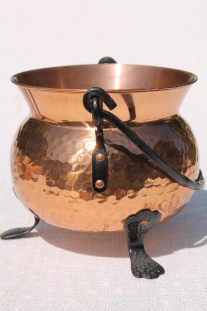 photo of vintage Swiss copper pot kettle w/ wrought iron handle & feet, witch cauldron shape #6