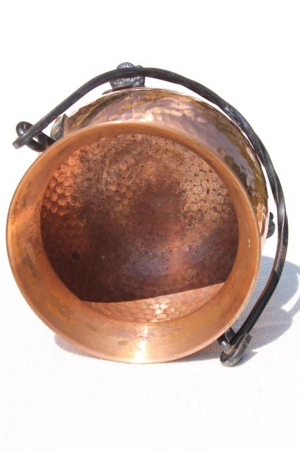 photo of vintage Swiss copper pot kettle w/ wrought iron handle & feet, witch cauldron shape #7