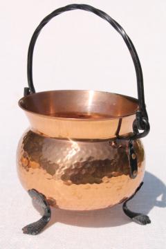 catalog photo of vintage Swiss copper pot kettle w/ wrought iron handle & feet, witch cauldron shape