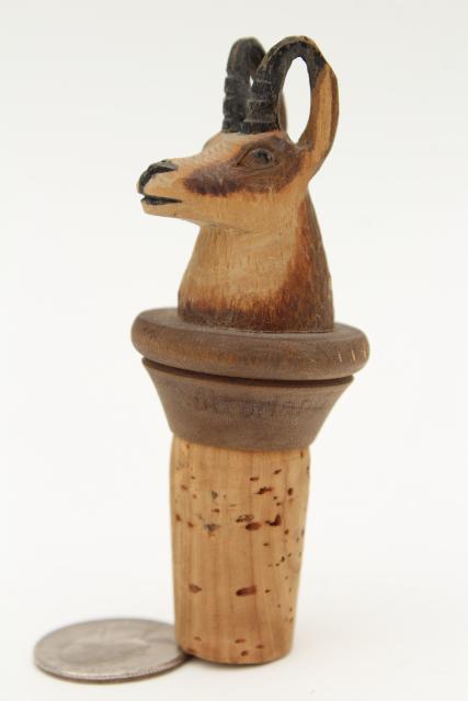 photo of vintage Swiss hand carved wood wine bottle stopper, figural mountain goat or antelope #1