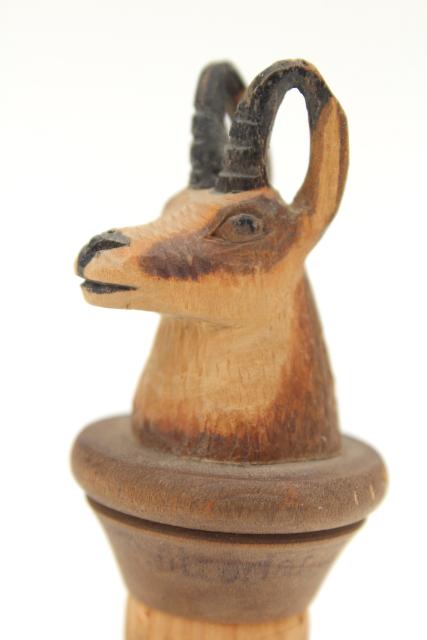 photo of vintage Swiss hand carved wood wine bottle stopper, figural mountain goat or antelope #2