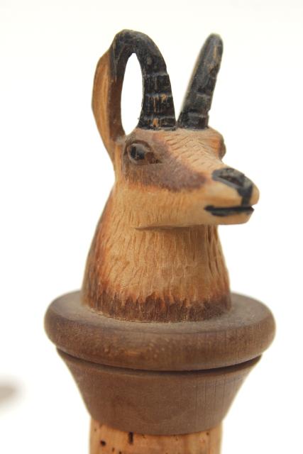 photo of vintage Swiss hand carved wood wine bottle stopper, figural mountain goat or antelope #3