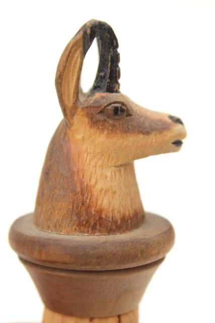 photo of vintage Swiss hand carved wood wine bottle stopper, figural mountain goat or antelope #4