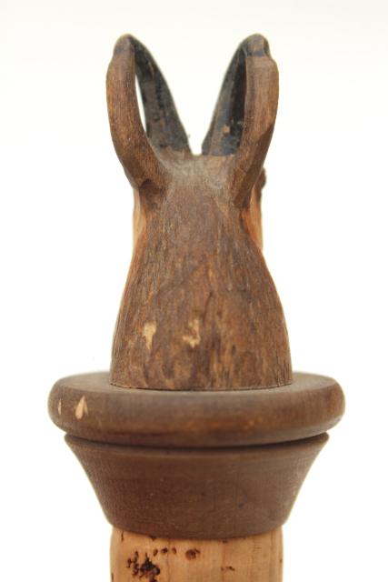 photo of vintage Swiss hand carved wood wine bottle stopper, figural mountain goat or antelope #5