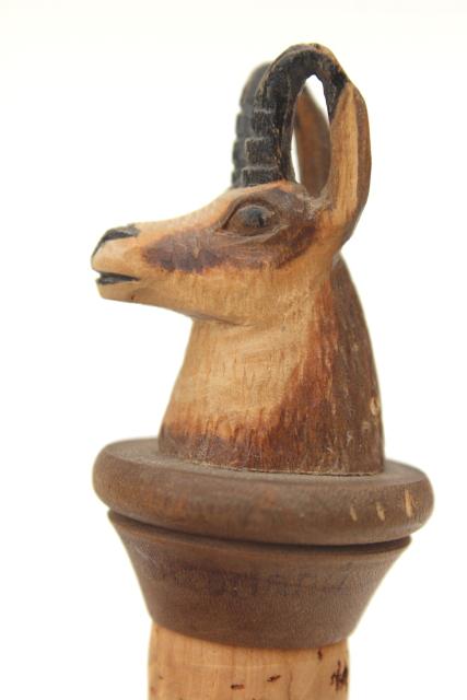 photo of vintage Swiss hand carved wood wine bottle stopper, figural mountain goat or antelope #6