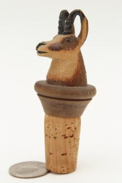 catalog photo of vintage Swiss hand carved wood wine bottle stopper, figural mountain goat or antelope