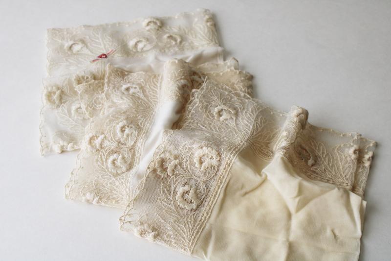 photo of vintage Swiss lace edging hankies, fancy handkerchiefs w/ New Glarus Wisconsin label #1