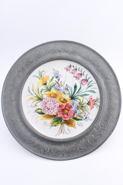 photo of vintage Swiss pewter rimmed ceramic plate w/ hand painted alpine flowers #1