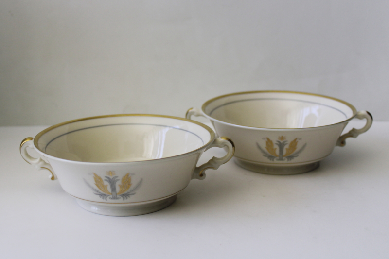 photo of vintage Syracuse china Old Ivory Governor Clinton pattern cream soup double handle cups #1
