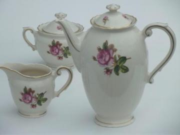 catalog photo of vintage Syracuse china, Victoria rose  coffee pot cream & sugar 