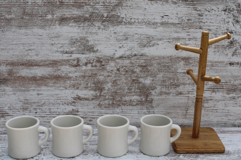 photo of vintage Syracuse china chunky white ironstone coffee mugs & wood mug tree cup holder rack  #2