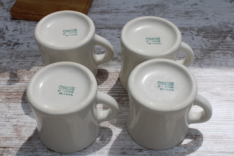 photo of vintage Syracuse china chunky white ironstone coffee mugs & wood mug tree cup holder rack  #4
