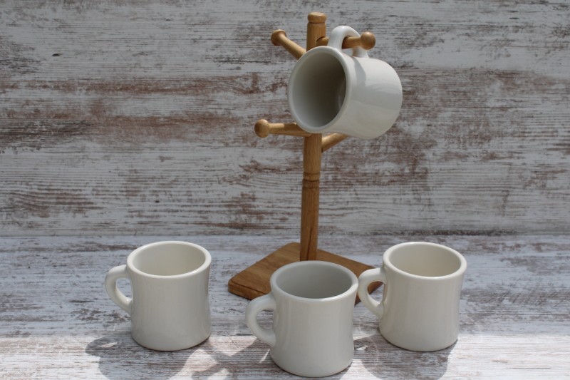 photo of vintage Syracuse china chunky white ironstone coffee mugs & wood mug tree cup holder rack  #5