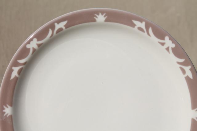 photo of vintage Syracuse china heavy ironstone restaurantware plates, stencil border dove grey buff on white #3