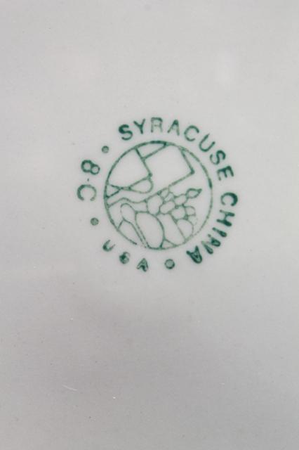 photo of vintage Syracuse china heavy ironstone restaurantware plates, stencil border dove grey buff on white #7