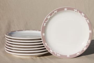 catalog photo of vintage Syracuse china heavy ironstone restaurantware plates, stencil border dove grey buff on white