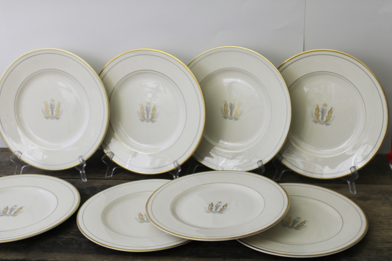 photo of vintage Syracuse old ivory china dinner plates, Governor Clinton plumes in grey & gold #1