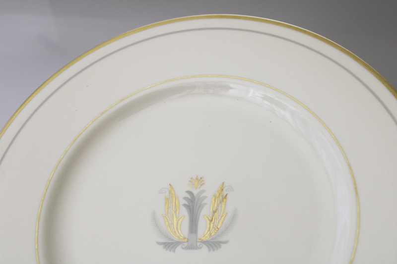 photo of vintage Syracuse old ivory china dinner plates, Governor Clinton plumes in grey & gold #2