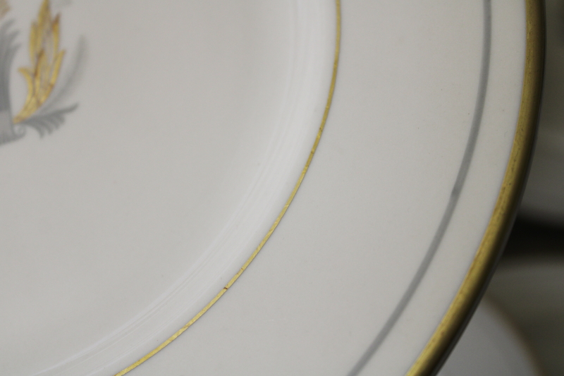 photo of vintage Syracuse old ivory china dinner plates, Governor Clinton plumes in grey & gold #3