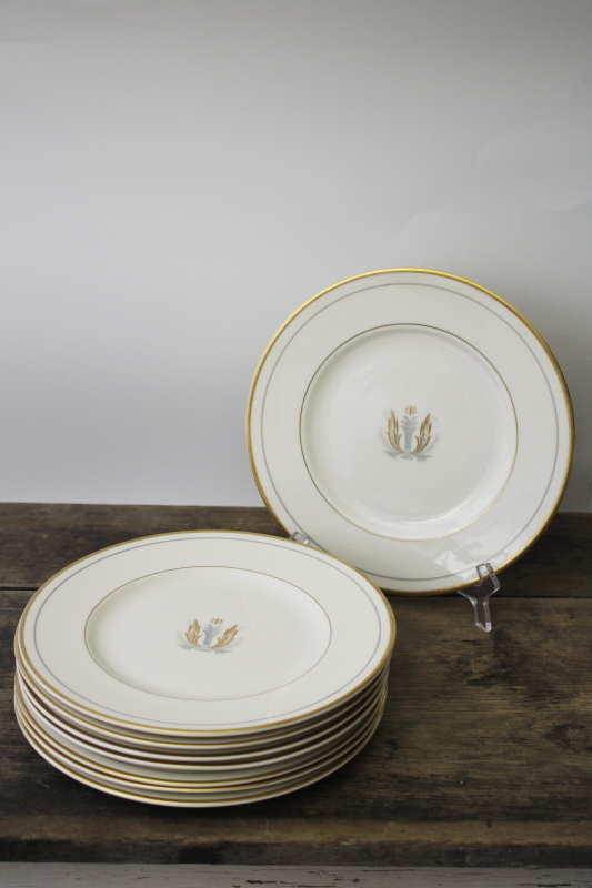 photo of vintage Syracuse old ivory china dinner plates, Governor Clinton plumes in grey & gold #6