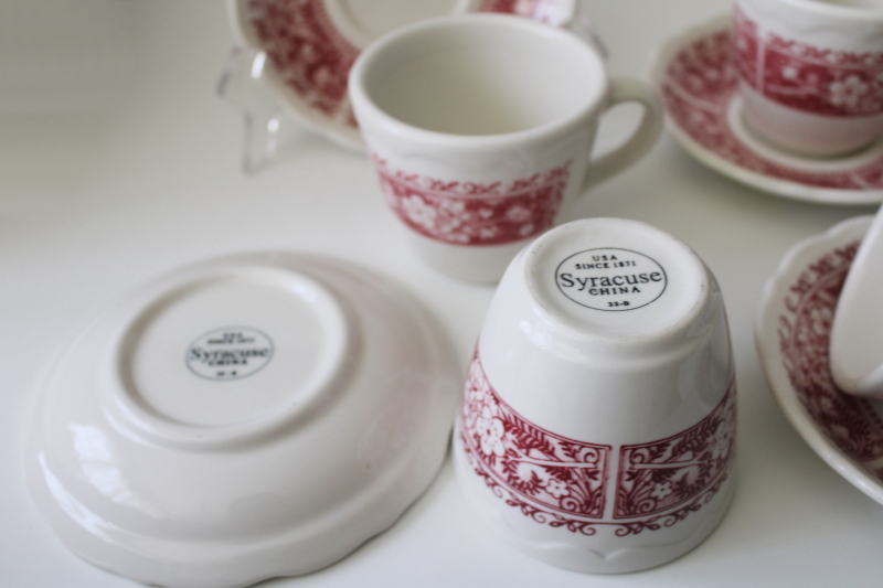 photo of vintage Syracuse restaurant china, fern & flowers red transferware ironstone coffee mug cups & saucers #2