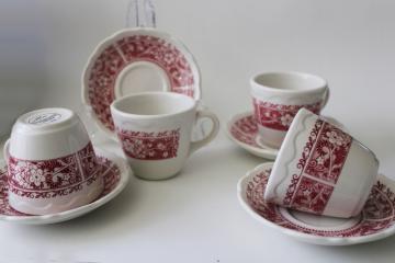 catalog photo of vintage Syracuse restaurant china, fern & flowers red transferware ironstone coffee mug cups & saucers