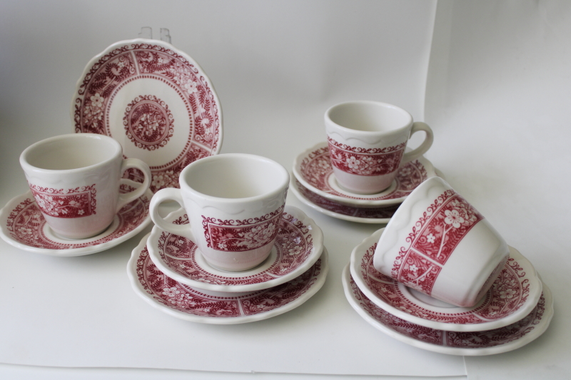 photo of vintage Syracuse restaurant china, fern & flowers red transferware ironstone cups, saucers, plates #1