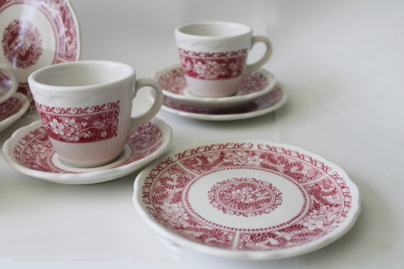 photo of vintage Syracuse restaurant china, fern & flowers red transferware ironstone cups, saucers, plates #5