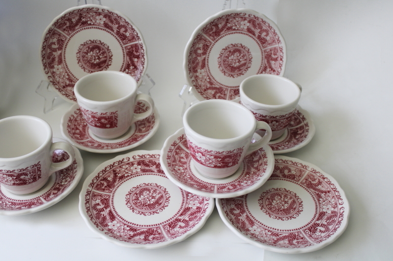 photo of vintage Syracuse restaurant china, fern & flowers red transferware ironstone cups, saucers, plates #7