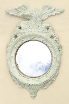 catalog photo of vintage Syroco Federal eagle frame w/ shabby white paint, bullseye bubble glass mirror