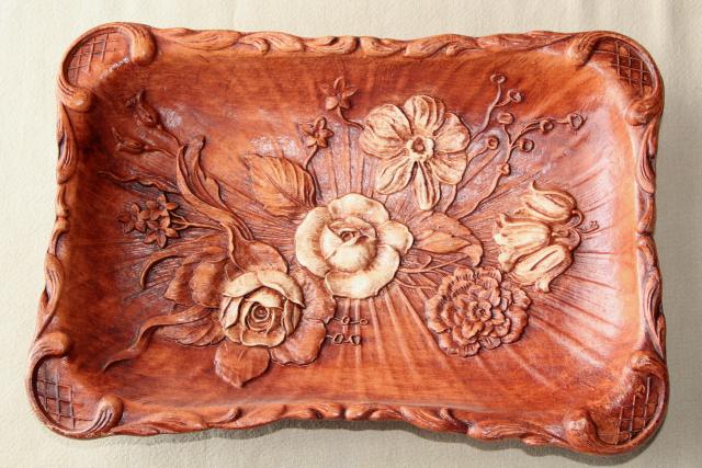 photo of vintage Syroco OrnaWood style tray w/ roses, Multi Products pressed wood composition #1