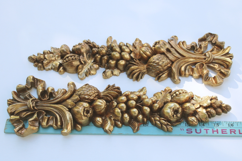 photo of vintage Syroco Syrowood wood composition moldings, della robbia fruit large gold wall plaques  #5