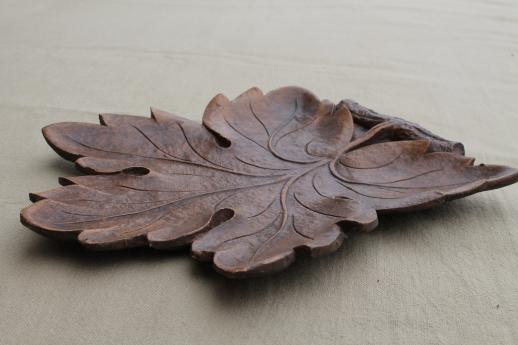 photo of vintage Syroco Wood leaf shaped tray, rustic 'carved' wood black forest style #2