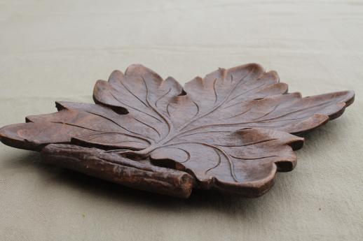 photo of vintage Syroco Wood leaf shaped tray, rustic 'carved' wood black forest style #3