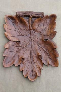 catalog photo of vintage Syroco Wood leaf shaped tray, rustic 'carved' wood black forest style