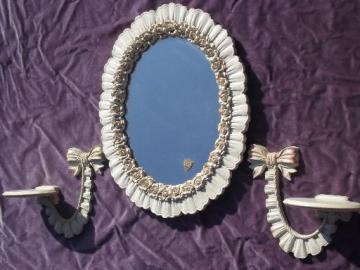 catalog photo of vintage Syroco Wood mirror and sconce wall shelves, carved roses and ribbons
