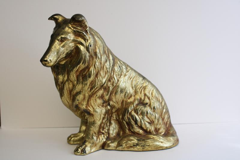 photo of vintage Syroco collie dog doorstop, heavy wood composition w/ antique gold finish #1