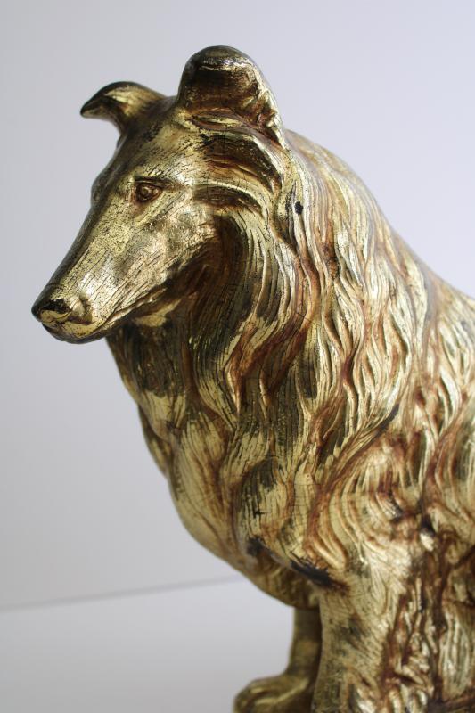 photo of vintage Syroco collie dog doorstop, heavy wood composition w/ antique gold finish #5