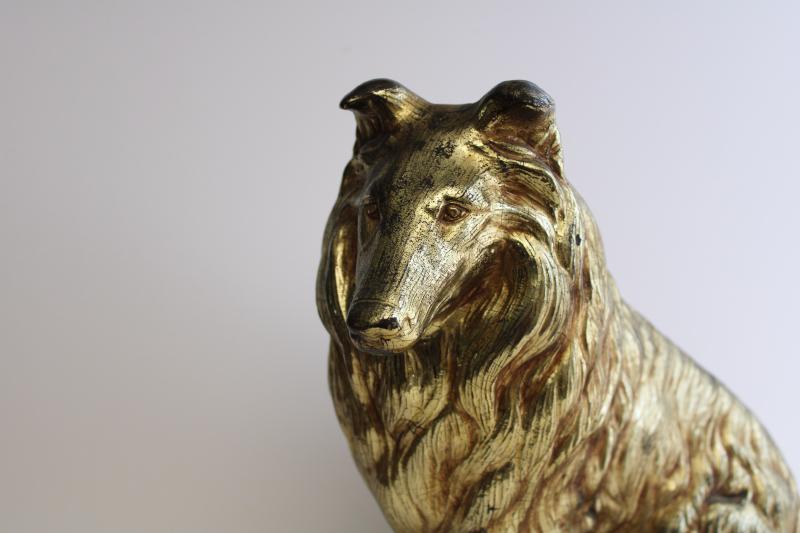 photo of vintage Syroco collie dog doorstop, heavy wood composition w/ antique gold finish #6