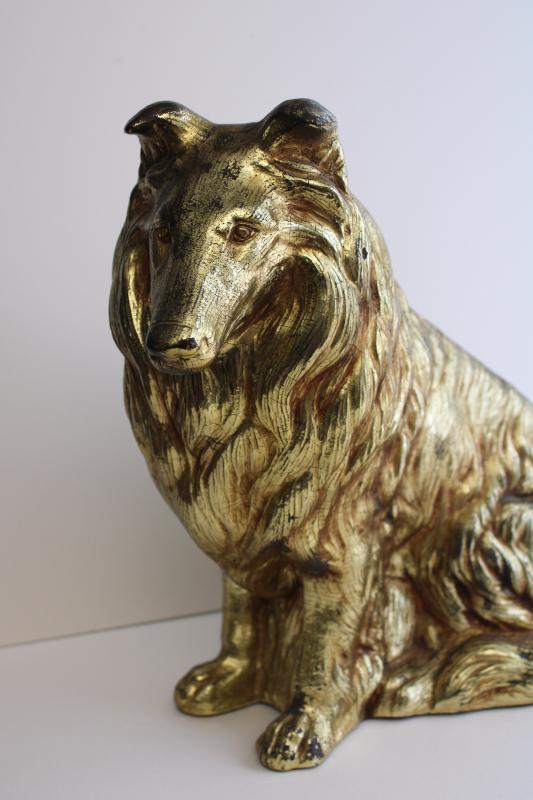 photo of vintage Syroco collie dog doorstop, heavy wood composition w/ antique gold finish #7