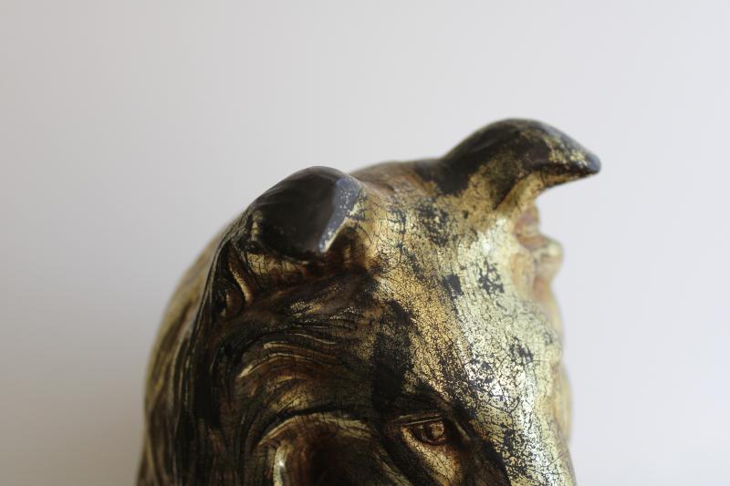 photo of vintage Syroco collie dog doorstop, heavy wood composition w/ antique gold finish #10