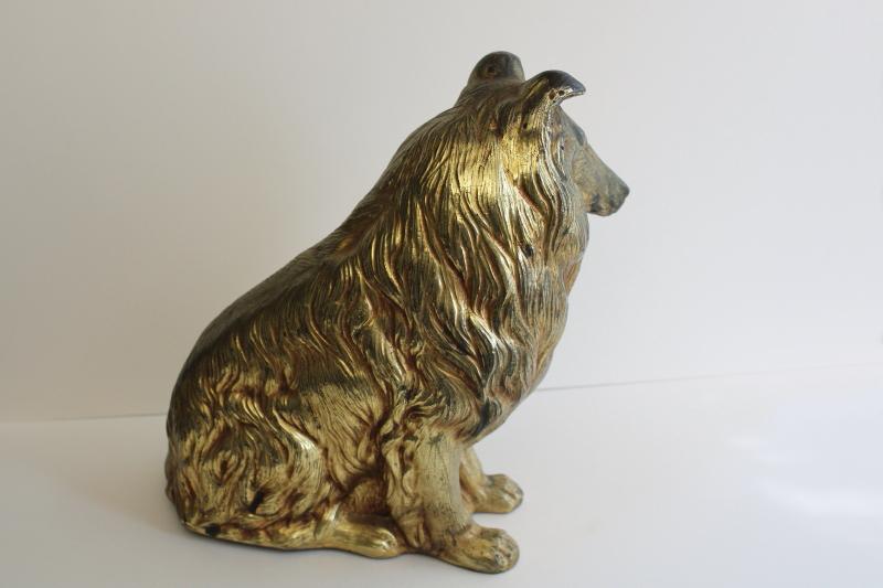 photo of vintage Syroco collie dog doorstop, heavy wood composition w/ antique gold finish #11