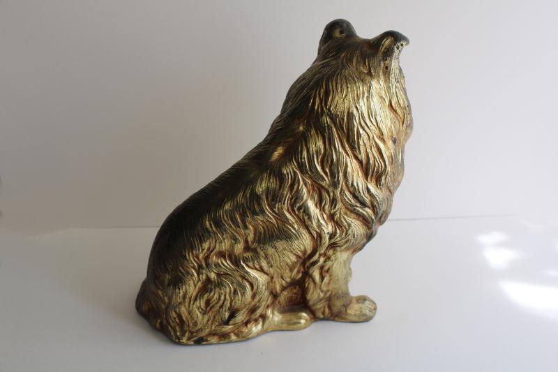 photo of vintage Syroco collie dog doorstop, heavy wood composition w/ antique gold finish #12