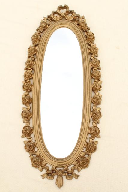 photo of vintage Syroco gold plastic wall mirror, wreath of roses oval frame  #3