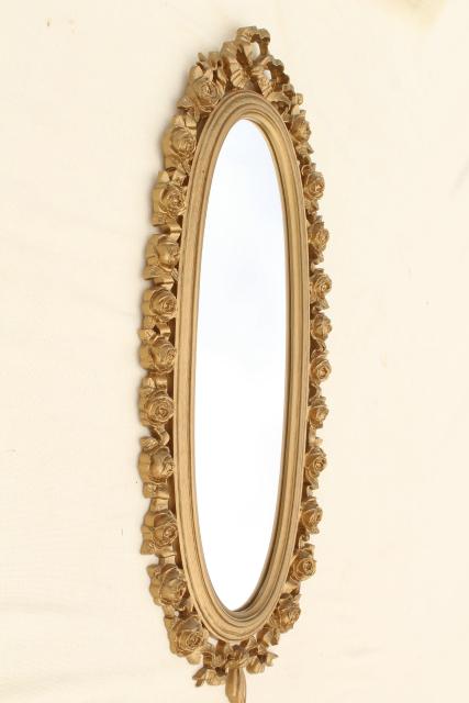 photo of vintage Syroco gold plastic wall mirror, wreath of roses oval frame  #7