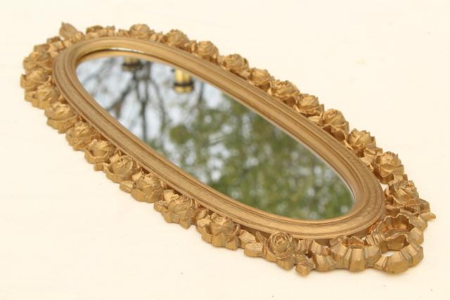 photo of vintage Syroco gold plastic wall mirror, wreath of roses oval frame  #9