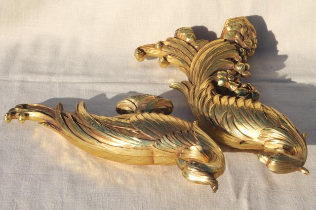 photo of vintage Syroco gold statue figurines, pair of peacock birds, ornate exotic bird figures #2