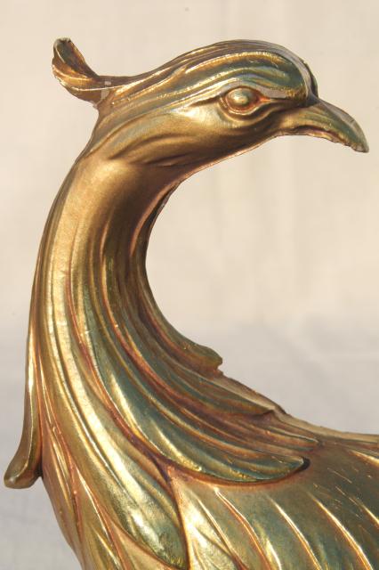 photo of vintage Syroco gold statue figurines, pair of peacock birds, ornate exotic bird figures #4